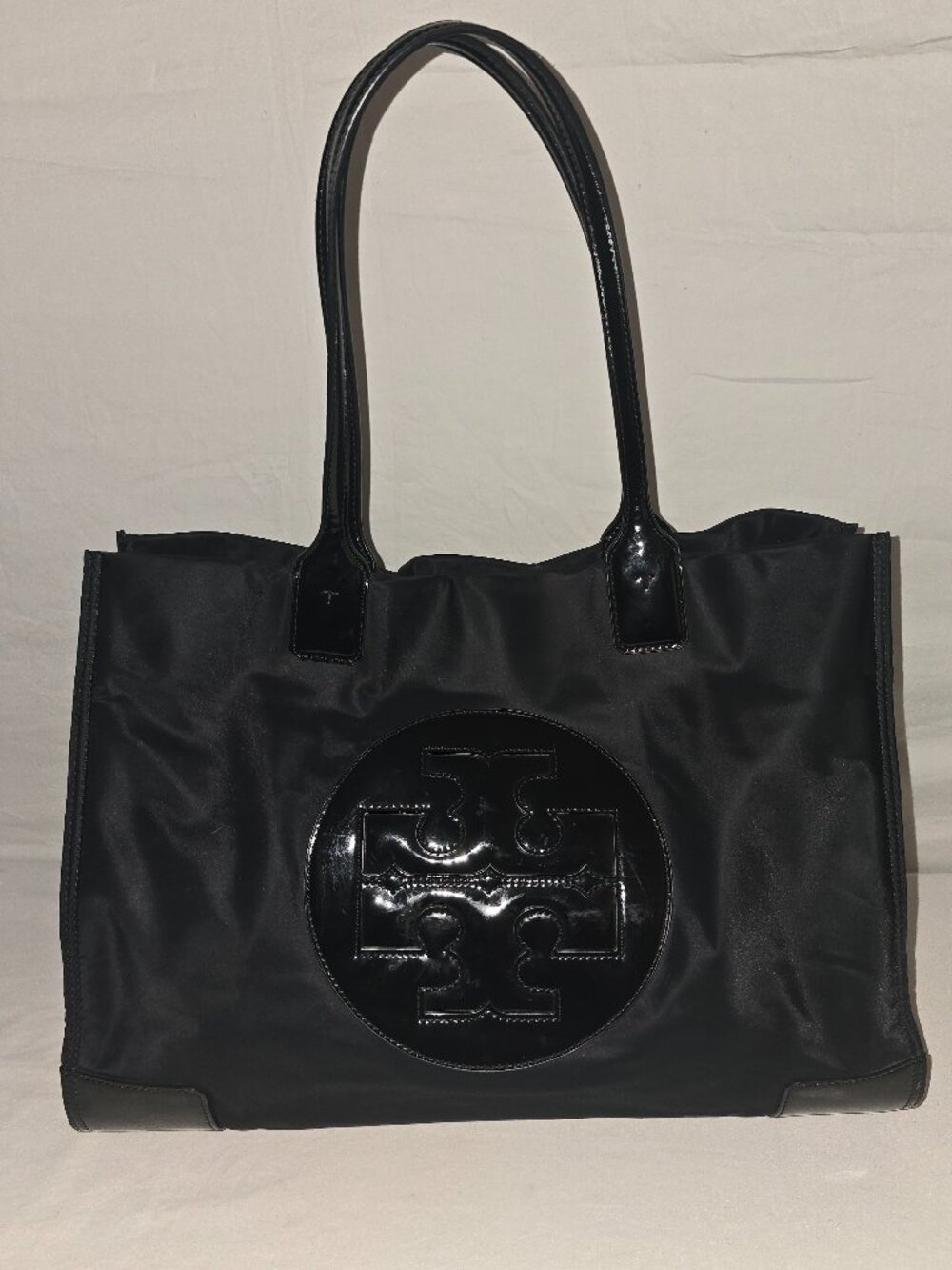 Tory Burch Ella Large Black Nylon Patent Leather Logo Shoulder Tote Shopper Bag - Picture 7 of 12
